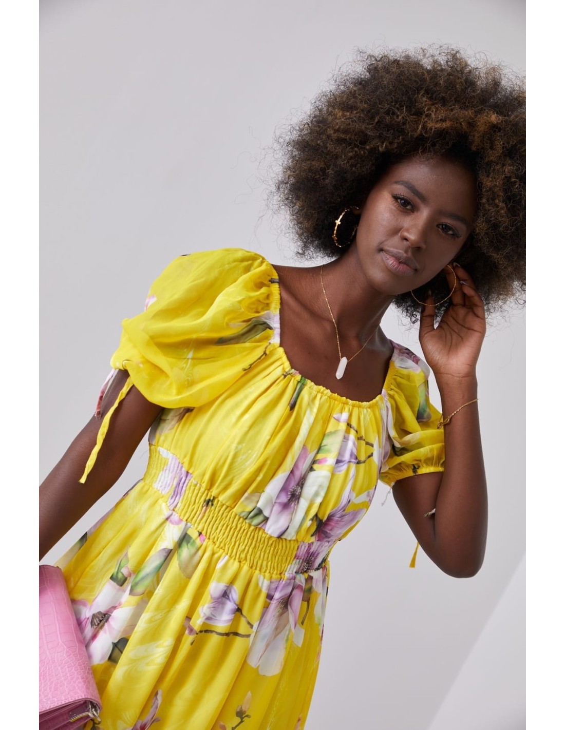 Airy dress with gathered waist, yellow 030800 - Online store - Boutique